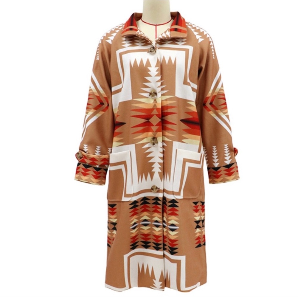 Boho Tribal Aztec Luxe Blanket Trench Coat, Native Bohemian Button Down Jacket - Picture 2 of 5